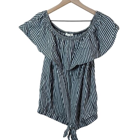 Cotton Bleu Women's Gray Vertical Striped Blouse Tie Front Size Medium - Picture 1 of 7